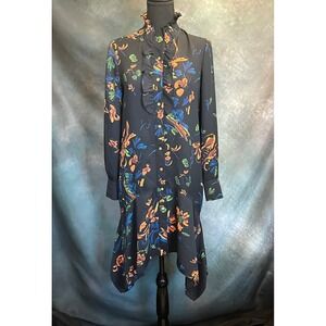 Tory Burch Cora‎ Asymmetrical Hem Floral Print Ruffle Neck Midi Dress Size 2